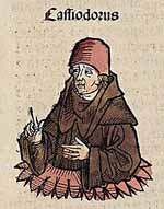 Cassiodore, miniature de Hartmann Schedel issue de La Chronique de Nuremberg, manuscrit réalisé en 1493. Source : wiki/Cassiodore/ domaine public