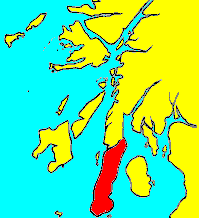 Le Kintyre, centre de la domination de Ruaidhri avant l'intrusion de Donnchadh d'Argyll dans la région