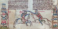 Edmond affronte Knut le Grand à la bataille d'Assundun, dessin de Matthieu Paris (13ème siècle).