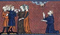 Sainte Pélagie parmi ses courtisans, Nonnus priant pour elle (manuscrit du xive siècle).