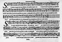 Exemple de partition imprimée selon le procédé de Pierre Attaingnant en 1544. Source : wiki/Pierre Attaingnant/ domaine public