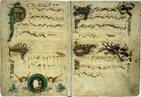 Le début de son motet à quatre voix Palle, palle dans un chansonnier enluminé d'Heinrich Isaac ; probablement écrit et copié à Florence dans les années 1480.