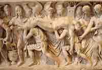 Corps d'Hector ramené à Troie, bas-relief d'un sarcophage romain, vers180-200, musée du Louvre. Source : wiki/ Hector/ domaine public