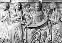 Représentation présumée de Plotin et de ses élèves sur un sarcophage du Museo Gregoriano Profano, Musées du Vatican