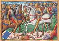 La bataille du Vieil Baugé. Miniature issue du manuscrit de Martial d'Auvergne, Les Vigiles de Charles VII, vers 1484, BNF. Source : wiki/ Bataille de Baugé/ domaine public