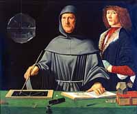 Luca Pacioli avec son élève Guidobaldo Ier de Montefeltro (1495), attribué à Jacopo de' Barbari, musée Capodimonte de Naples (Elle montre Pacioli debout derrière une table et portant l'habit d'un membre de l'ordre franciscain. Il dessine une construction sur une planche, dont le bord porte le nom d'Euclide.