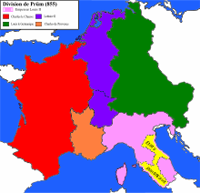 Division de l'empire de Lothaire 1er après le traité de Prüm (855). En orange, les territoires de Charles de Provence. Source : wiki/ Charles de Provence/ licence : CC BY-SA 3.0