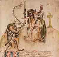 Couronnement du roi Alexandre III d'Écosse Roi d'Écosse de 1249 à 1286 (extrait Manuscrit de la fin du Moyen Âge du Scottichronicon par Walter Bower). Source : wiki/Alexandre III (roi d'Écosse)/ domaine public
