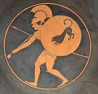 Gobelet d'Oltos ; la mort de Patrocle, céramique à figures rouges de Vulci (Italie), vers 510 av. jc, (Altes Museum, Berlin). Source : wiki/ Patrocle/ licence :CC BY-SA 2.0