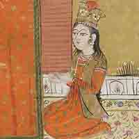 Fatima Zahra. Détail d'une miniature d'un manuscrit du Ḥamlah-i Ḥaydarī, BnF, Persan 1030, f. 467v. (1808). Source : wiki/Fatima Zahra/ licence : CC0