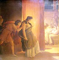 Clytemnestre hésitant avant de frapper Agamemnon endormi, Pierre-Narcisse Guérin, 1817, musée du Louvre. Source : wiki/Clytemnestre/ domaine public
