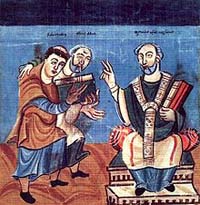 Rabanus Maurus (à gauche), soutenu par Alcuin (au milieu), présente son travail à Otgar de Mayence (à droite)