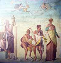 Calchas (droite) conduisant Iphigénie au sacrifice, fresque sur plâtre de Pompéi, après 62, Musée archéologique national de Naples. Source : wiki/Calchas/ domaine public