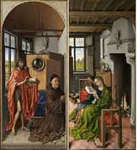 Triptyque de Werl, (panneaux latéraux), vers 1438 par Robert Campin (Musée du Prado à Madrid). Source : wiki/ Robert Campin/ domaine public