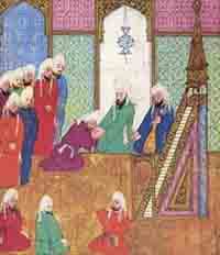 Omar ibn al-Khattâb est à droite de cette miniature persane. Source : wiki/Omar ibn al-Khattâb/ domaine public