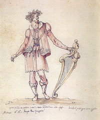 Jacopo Peri dans son costume de performance d'Arion dans le 5. intermedio de La Pellegrina (1589) par Bernardo Buontalenti