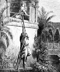 Mikhal aide le jeune David à s'échapper dans I Samuel 19-12 (gravure de Gustave Doré, 1865)