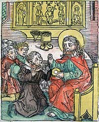 L'antipape Grégoire VIII se soumet au pape Calixte II en 1121 (Illustrations de la Chronique de Nuremberg, par Hartmann Schedel (1440-1514). Source : wiki/ Grégoire VIII (antipape)/ Domaine public