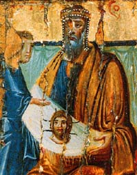 Le roi Abgar V recevant le Mandylion, censé être le visage de Jésus imprimé miraculeusement sur un linge (icône du 10ème siècle).