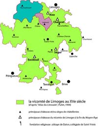 Carte de la vicomté de Limoges, au 15ème siècle. Source : wiki/Vicomté de Limoges/ licence : CC BY 2.5 