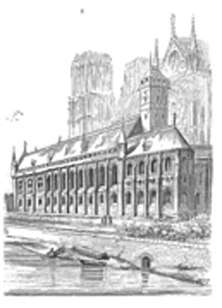 Le palais de l'évêché de Paris au Moyen Âge. Source : wiki/Archidiocèse de Paris/ domaine public