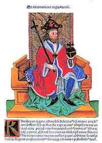 Charles III de Naples. Enluminure hongroise de 1488. Source : wiki/Charles III (roi de Naples)/ domaine public