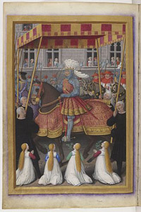 Le voyage de Gênes de Jean Marot, miniature de Jean Bourdichon, 1508 (entrée de Louis XII à Gênes) Bibliothèque nationale de France