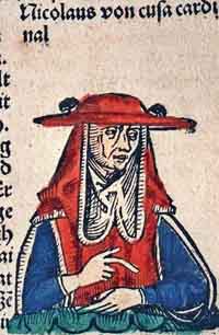 Dessin représentant « Nicolaus von Cusa cardinal », coiffé du Galero cardinalice, dans la Chronique de Nuremberg (1493), de Hartmann Schedel (1440-1514). 
