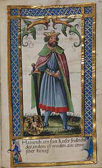 Enluminure représentant Henri II de Souabe à l'abbaye de Weingarten. Source : wiki/ Henri II de Souabe/ domaine public