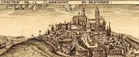 Gravure représentant le château et la ville de Clermont-en-Beauvaisis. Source : wiki/ Liste des comtes de Clermont-en-Beauvaisis/ Licence : CC BY-SA 3.0