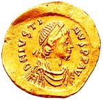Profil de Justin 1er Empereur byzantin de 518 à 527 sur une pièce de monnaie.