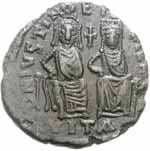 Justin et Sophia. Demi-Follis. Frappé vers 574/5-577/8 à Carthage sous le règne du roi byzantin Justin II (565-578). Source : wiki/Sophie (impératrice byzantine)/ domaine public