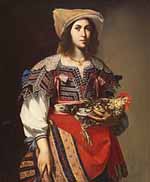 Tableau de Massimo Stanzione : Femme en costume napolitain, 1635, (Fine Arts Museums of San Francisco). Source : wiki/Massimo Stanzione/ domaine public