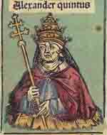 Pierre Philarge dit Pierre de Candie ou Alexandre V Anti-pape de 1409 à 1410. Source : wiki/ Alexandre V (antipape) Illustration extraite de la Chronique de Nuremberg/ domaine public 