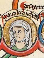 Enluminure issue du Genealogical roll of the kings of England vers 1300/1308. British Library, Royal MS 14 B VI. Source : wiki/Mathilde d'Angleterre (1156-1189)/ domaine public