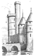 La tour de Nesle, où l'adultère aurait eu lieu. Représentation datant du xixe siècle, par Eugène Viollet-le-Duc (Dictionnaire raisonné de l'architecture française du 11 au 16ème siècle). Source : wiki/Affaire de la tour de Nesle/ domaine public