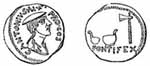 Denier de la République romaine, émis par Caius Antonius, fils de Marcus, 1er siècle av. jc (à partir de 43 av. jc).