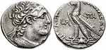 Tétradrachme en argent à l'effigie de Ptolémée IX Sôter II (avers) et l'aigle égyptien (revers), 109 avant notre ère. Source : wiki/Ptolémée IX/ domaine public
