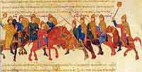 Bataille entre les armées de Skléros et de Phokas d'après une miniature de la Chronique de Skylitzès de Madrid.