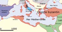 Carte du monde méditerranéen vers 650 (Ravenne dans l'empire byzantin vers 650) (source :wiki/ Olympios/ Spartan 117)
