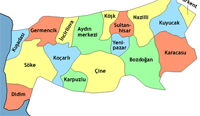 Carte des districts de la province d'Aydın en Turquie (Aux époques romaine et byzantine, Aydın était connue sous le nom de Tralles.)