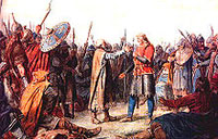 L'élection d'Olaf Tryggvason (en tunique rouge) au titre de roi de Norvège, (peinture de Peter Nicolai Arbo.)