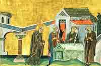 Saint Maruthas, évêque de Martyropolis en Mésopotamie Minologie miniature de Basile II. Bibliothèque du Vatican. Rome. Source : wiki/ Maruthas/ domaine public