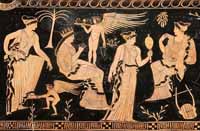 Représentation d'Eurynomé (première à gauche). Source : wiki/Eurynomé (Océanide/ domaine public