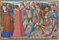 Révolte des cabochiens. Miniature issue du manuscrit de Martial d'Auvergne, Les Vigiles de Charles VII, vers 1484, BnF. Source : wiki/Révolte des Cabochiens/ domaine public