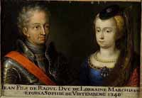 Portrait de Jean 1er, duc de Lorraine de 1346 à 1390, et de son épouse Sophie de Wurtemberg. Ce tableau fait partie d'une suite d'une soixantaine de double-portraits représentant les ducs et duchesses de Lorraine ainsi que leurs ancêtres supposés. Musée des Offices, Florence. Source : wiki/Jean Ier de Lorraine/ domaine public