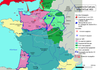 Batailles et opérations majeures en France pendant la guerre de 100 ans, entre 1415 et 1453. D'apres les cartes publiées dans la revue L'Histoire, n° 210, mai 1997, et dans l'ouvrage de Boris Bove, Le temps de la guerre de Cent ans : 1328-1453, Belin, 2009, ISBN 978-2-7011-8918-5)