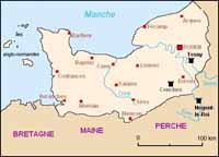 Le duché de Normandie dans la seconde moitié du 11ème siècle avec les principaux châteaux de la famille de Tosny (en noir).