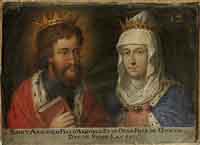 Portrait de Saint Arnould, duc de Mosellane, et de son épouse Dode de Boulogne. Ce tableau fait partie d'une suite d'une soixantaine de double-portraits représentant les ducs et duchesses de Lorraine ainsi que leurs ancêtres supposés (Galerie des Offices, Florence). Source : wiki/Dode de Metz/ domaine public