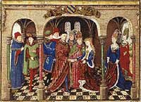 Mariage de Girart de Roussillon dans un manuscrit du xve siècle attribué au Maître du Girart de Roussillon. Source : wiki/Girart de Roussillon/ domaine public